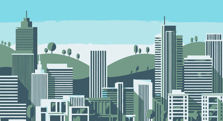 Panoramic Cityscape with Modern High-Rise Buildings and Green Hills © Pendi