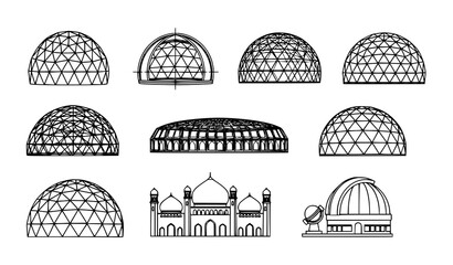 Dome structure line art vector icon set with detailed architectural blueprint designs for engineering illustration isolated on white © Lipi