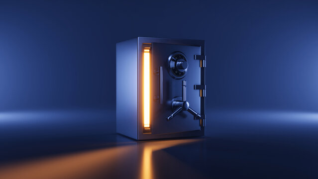 Bank safe on empty dark background - Bank safe with open door and golden light inside. 3d illustration