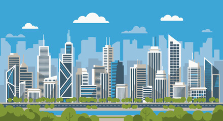 Obraz premium Panoramic view of a modern city skyline with numerous skyscrapers and office buildings alongside a river under a clear blue sky, depicting urban landscape.