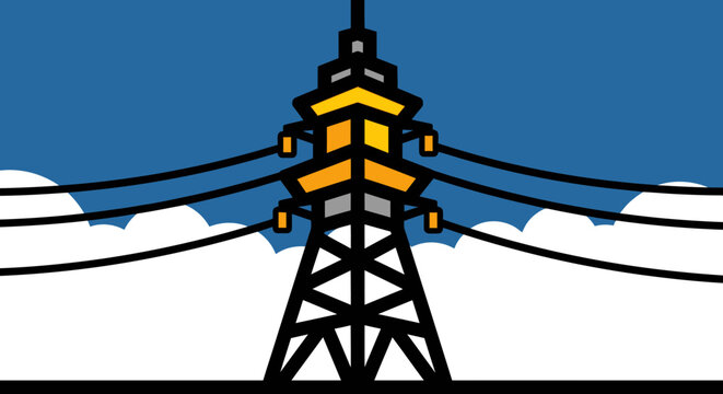 Colorful illustration of an electricity pylon with power lines against a bright blue sky with clouds, representing energy transmission and infrastructure.