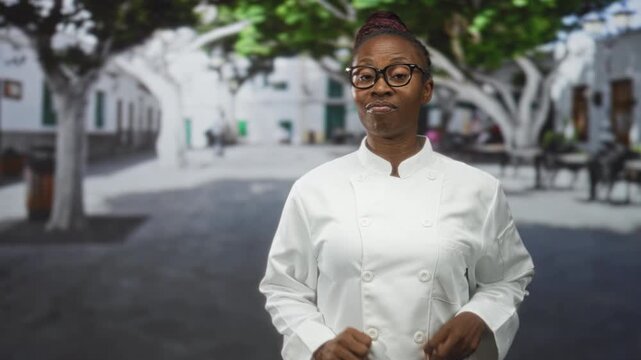 Young african american woman chef in white uniform making air quotes with fingers on a street; skeptical humor.