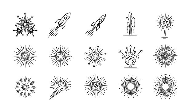 New Year fireworks line art vector icon set with detailed celebration explosion outline designs for festive illustration isolated on white