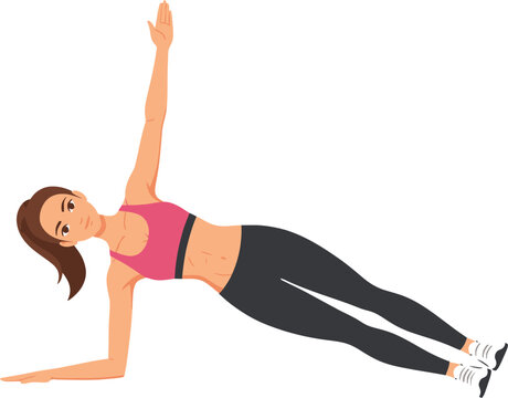 Woman doing side plank exercise in colorful flat illustration for fitness Isolated on white background