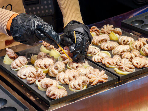Cooking Whole Baby Octopus Takoyaki Street Food