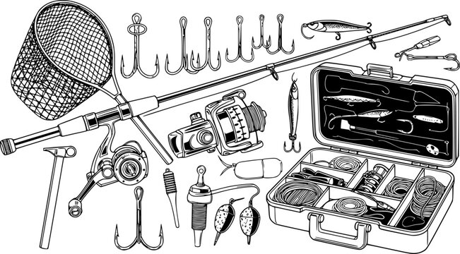 Line art close up fishing gear set with spinning rod reel hooks net and tackle box in black silhouette flat vector
