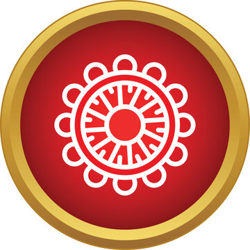 Sumerian sun symbol representing the shamash deity on a red round button