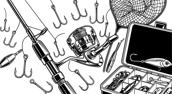Line art close up fishing gear set with spinning rod reel hooks net and tackle box in black silhouette flat vector
