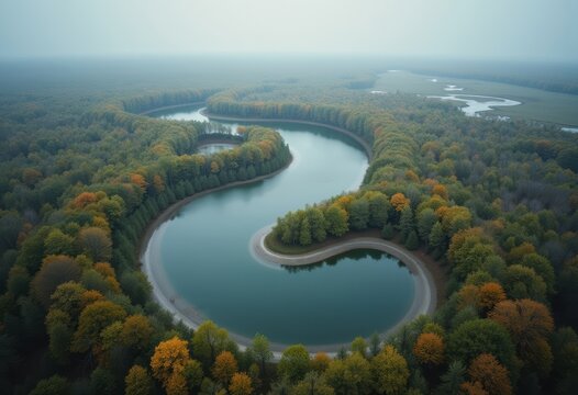 Curved Oxbow Lake Unique Shape with Irregular Borders Captivating Circular Water Pathways and Natural Lines