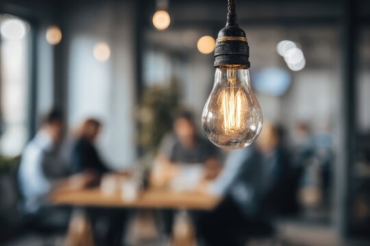 A close-up of a lit lightbulb hanging in front of an out-of-focus group of people