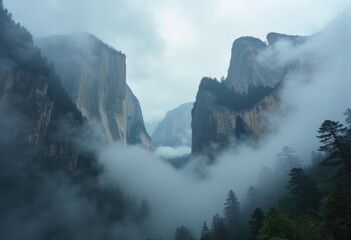 Fototapeta premium Dramatic Rise of Limestone Towers Enveloped in Mystical Mist Against a Backdrop of Whispering Peaks