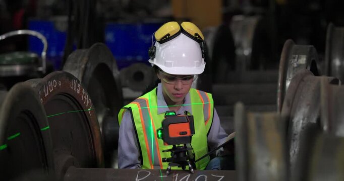 A locomotive engineer in a factory setting uses a laser measuring tool, demonstrating the precision and technical skills required in industrial engineering and construction environments.
