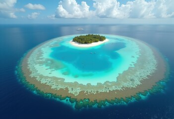 Obraz premium Exotic Coral Atoll Surrounding Radiant Lagoon Water Highlighting Tropical Ecosystem