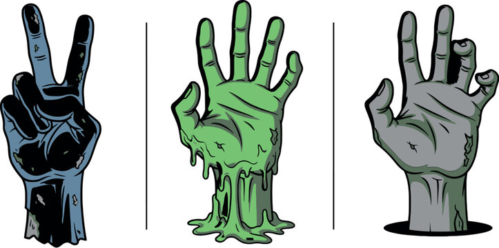 Zombie hands set with horror gestures peace sign melting undead arm and creepy halloween elements flat vector illustration