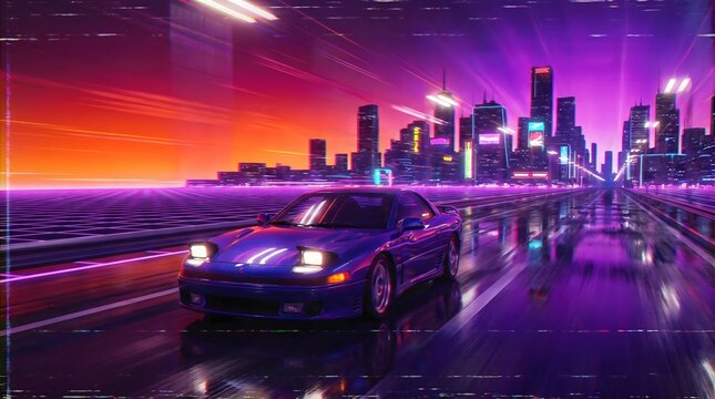 3D illustration of a retro 90s style blue sports car driving on a neon grid road with a futuristic cityscape background and a synthwave style purple night sky.