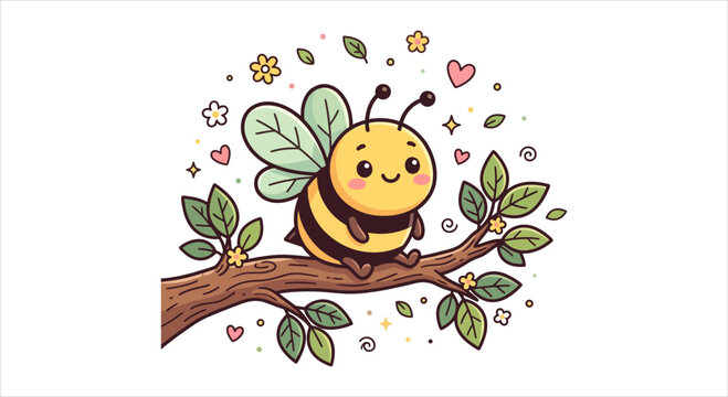Adorable cartoon bee with a friendly smile, perched on a leafy branch surrounded by whimsical elements, perfect for children's designs