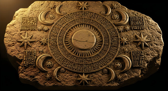Ancient stone tablet with celestial symbols and astrological calendar in dramatic lighting