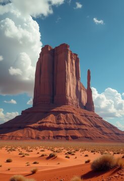 Isolated Butte Hill Desert Formation Presenting Steep Ridges and Barren Slopes Underneath a Blue Sky
