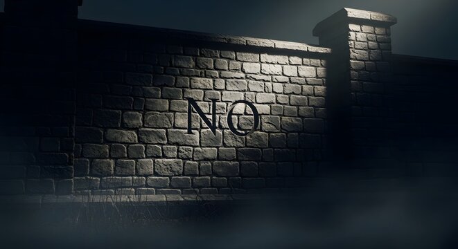 Ominous message of 'NO' boldly displayed on a dark, forbidding brick wall shrouded in mysterious mist, symbolizing refusal, restriction, and a clear boundary