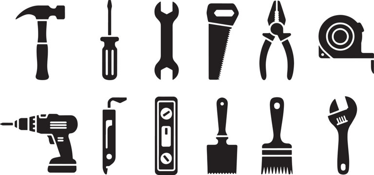 A collection of twelve black and white silhouette depicting various hand tools and power tools