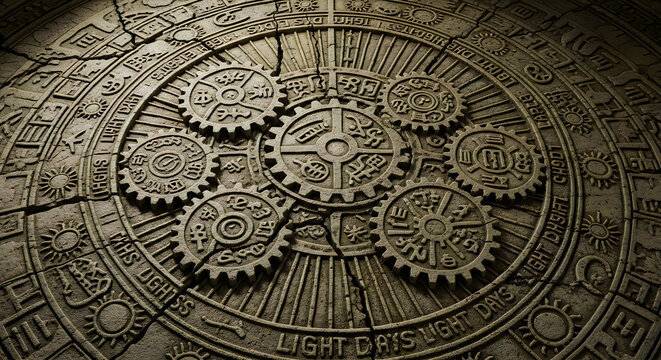 Ancient stone celestial calendar with intricate gears and glyphs in dramatic lighting