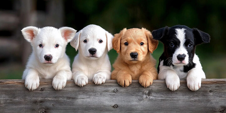 Four curious puppies peeking out from behind wooden fence. Pet and dog breeding concept. Funny animals for wallpaper, poster