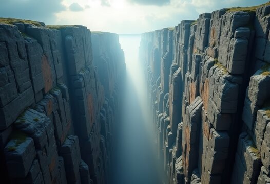 Narrow Notch Gap Amidst Towering Peaks Sharp Rocky Frame Jaw-Dropping Vertical Ascent Dramatic Chasm Geometric Nature's Sculpture