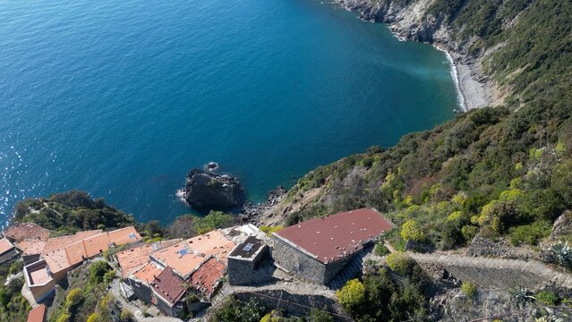 Italy, Liguria, La Spezia - Monesteroli in the Cinque Terre National Park is a small, almost uninhabited village famous for its 2,200-step staircase overlooking the sea, tourist trekking  walking path