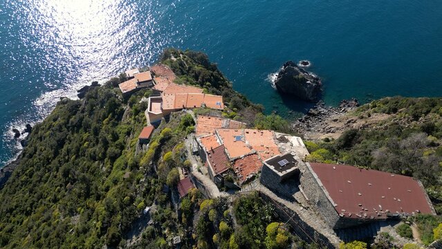 Italy, Liguria, La Spezia - Monesteroli in the Cinque Terre National Park is a small, almost uninhabited village famous for its 2,200-step staircase overlooking the sea, tourist trekking  walking path
