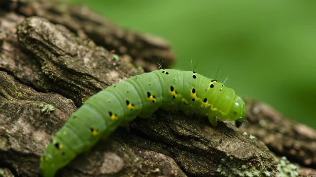 Green Caterpillar on Tree Bark.