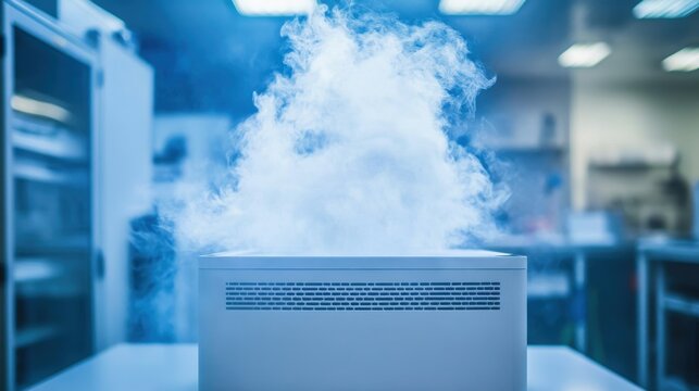 A fume hood in a laboratory expelling white smoke