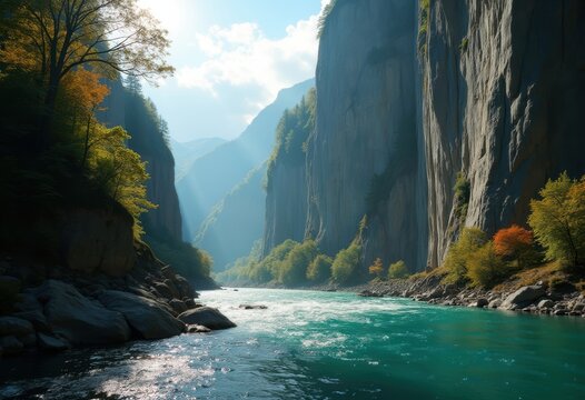 Steep Bluff Overlooking Glistening River Water Reflection and Vertical Rock Formation