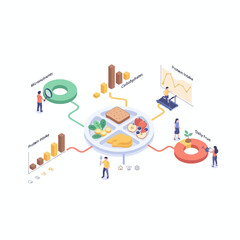 Naklejka premium Illustration of a balanced diet with analysis of macronutrients, micronutrients, and physical activity.