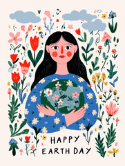 Fototapeta premium Young woman holding Earth surrounded by flowers in soft textured style, emotional vector illustration for sustainability campaigns and Earth Day visuals