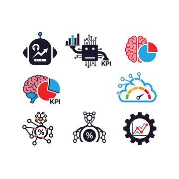 AI and Data Analytics Icons: Robot, Brain, Cloud, KPIs, Growth Charts