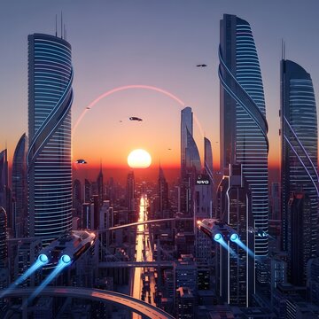 Modern metropolis with elevated highways and sleek futuristic spacecraft at dusk