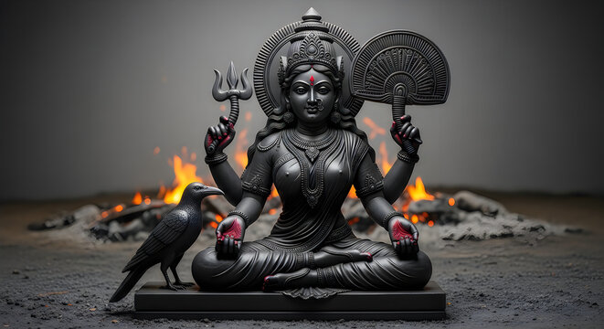 Hindu God Statue of a multi-armed deity seated with a crow and fire in a dark setting