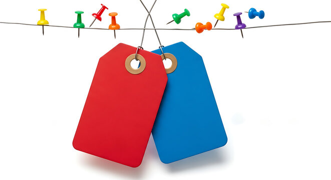 Two Blank Price Tags Hanging on a String with Pushpins.