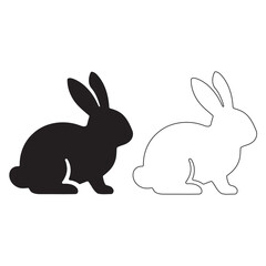 Fototapeta premium Silhouette and outline of a sitting rabbit on white background, keywords: rabbit, bunny, animal