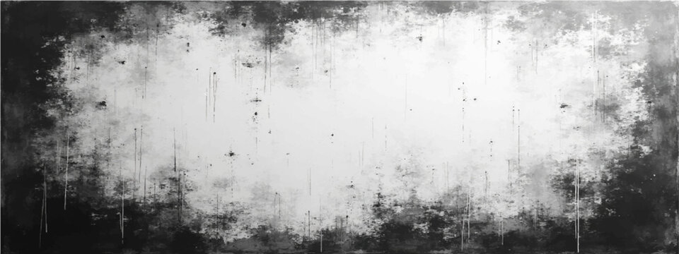 Vector distressed texture in monochromatic tones, creates a dramatic frame with empty space in the center. evokes feelings of age.