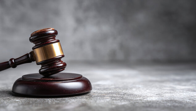 A close-up of a wooden gavel on a gray textured surface symbolizing justice and law.