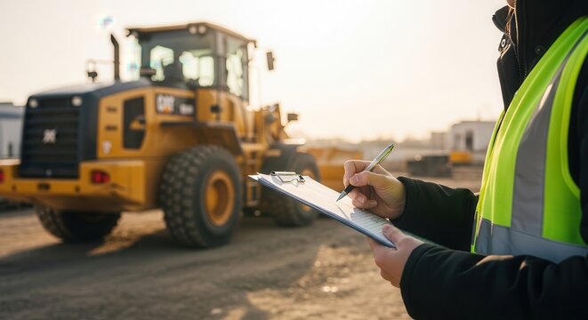 Construction worker reviewing plans at active site with bulldozer