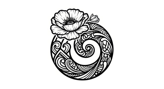 Ornate poppy flower and Maori koru spiral design traditional tattoo art illustration isolated on white background for cultural or decorative use