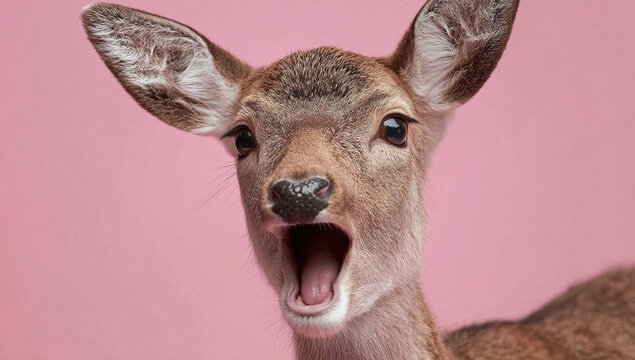 A surprised young fawn with large ears and wide eyes against a soft pink background.
