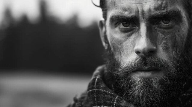 Grim expression of a rugged individual amidst nature's elements.