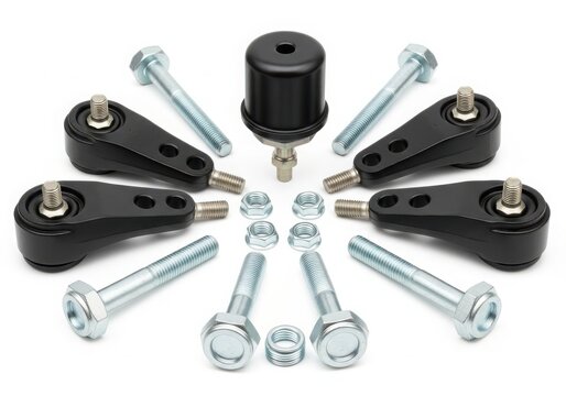 Assorted hardware components including bolts, nuts, and washers arranged in a circular pattern