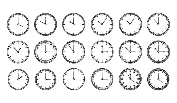 A set of black and white clock icons in various times on a plain background