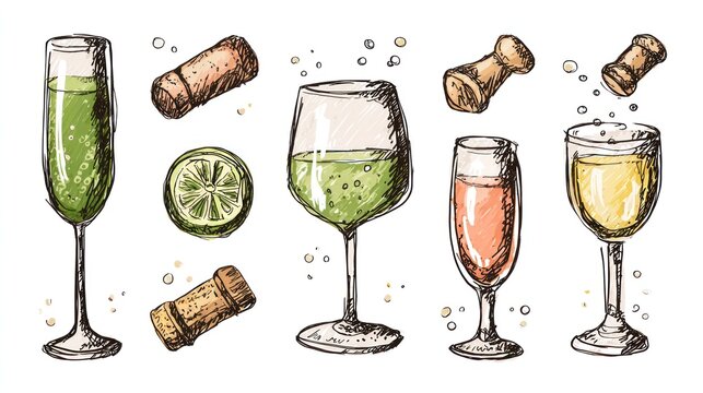 Elegant wine glasses and corks illustration for drink and beverage concepts