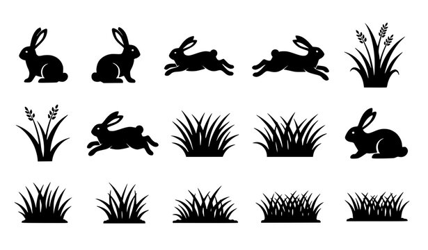 A set of black silhouettes featuring rabbits and grass on a white background