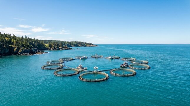 Aerial view of a circular fish farm in realistic photography style, turquoise and blue colors, represents sustainable aquaculture or marine industry on an ocean background with copy space.
